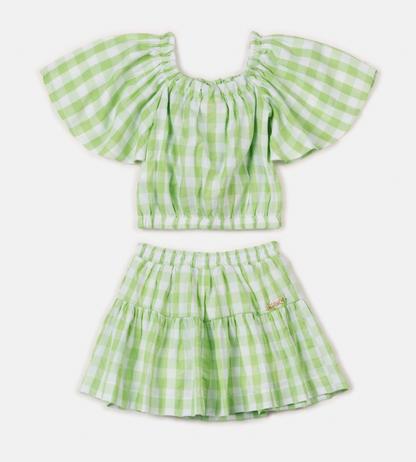 Conjunto blusa com babados e saia xadrez verde Animê