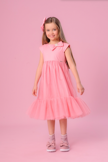 Vestido Infantil Tule Laço Puffer Bordado - Pituchinhus