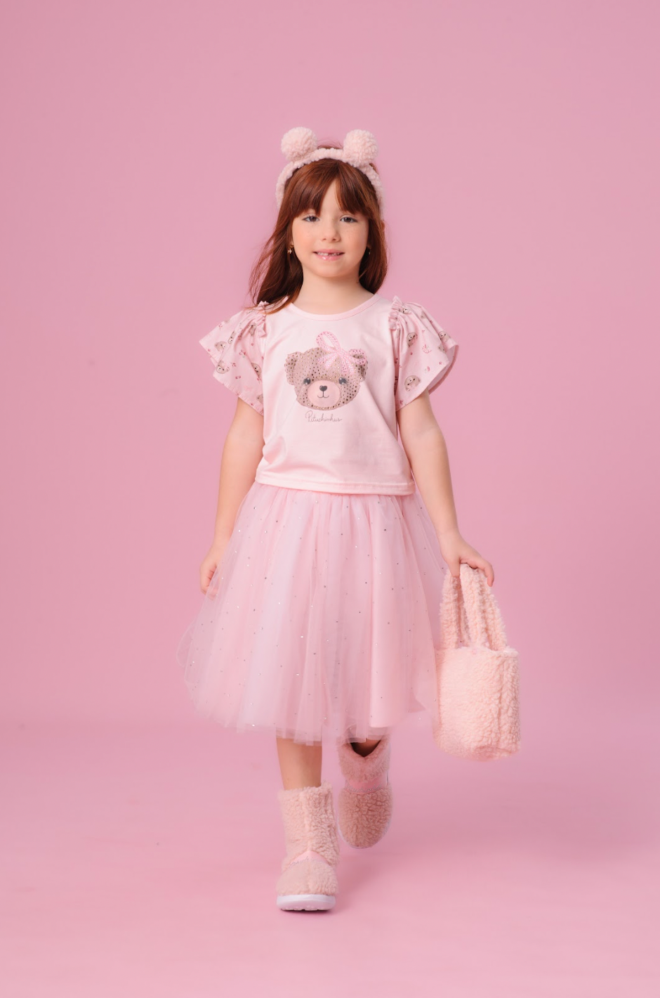 Saia-shorts Infantil Tule e Cristais Princesa Rosa Gelado - Pituchinhus