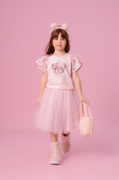 Saia-shorts Infantil Tule e Cristais Princesa Rosa Gelado - Pituchinhus