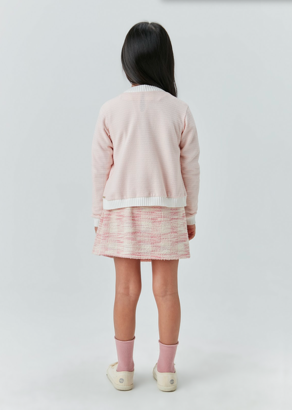 Conjunto com Casaco  Infantil Blusa de Algodão com Laço e Shorts-saia de Malha Tweed Rosa - Beabá