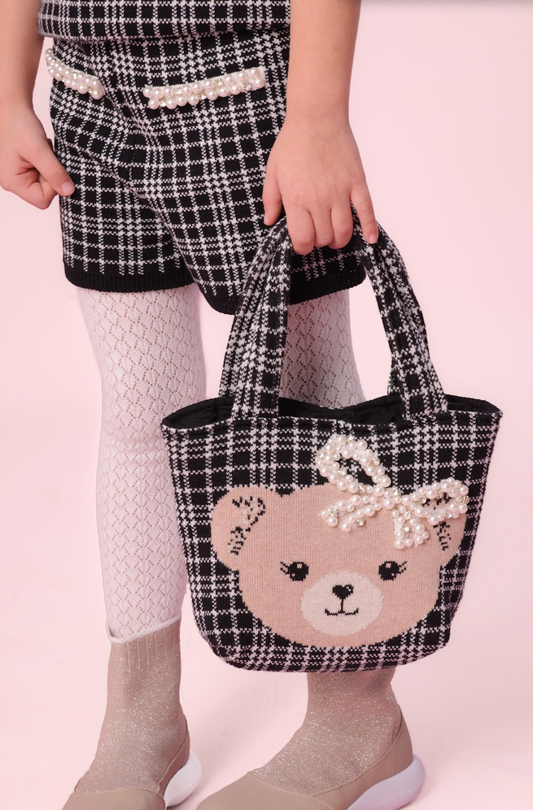 Bolsa Infantil Tricot Xadrez Ursinha Laço Bordado - Pituchinhus PRÉ-VENDA