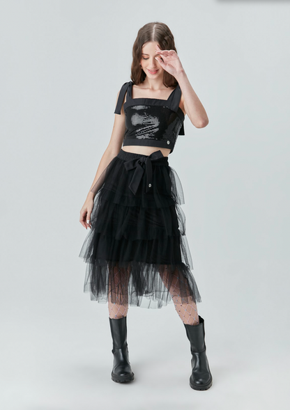 Conjunto Teen Blusa Paetê e Saia Midi Camadas de Tule - Two In