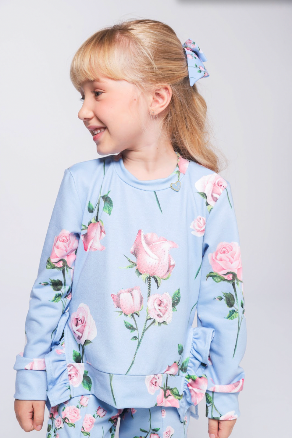 Conjunto Infantil Moletinho Blusa Abertura Lateral e Strass e Calça Montaria Floral - Luluzinha