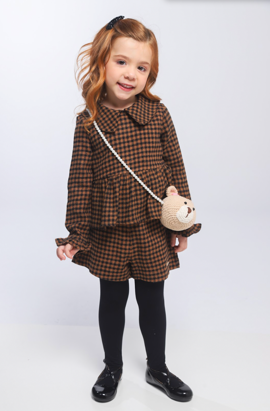 Conjunto Infantil Alfaiataria Casaquinho e Shorts Xadrez com Bolsinha Ursinho - Luluzinha