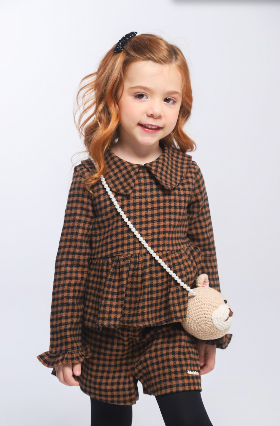 Conjunto Infantil Alfaiataria Casaquinho e Shorts Xadrez com Bolsinha Ursinho - Luluzinha