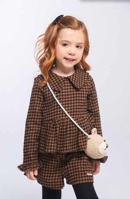 Conjunto Infantil Alfaiataria Casaquinho e Shorts Xadrez com Bolsinha Ursinho - Luluzinha