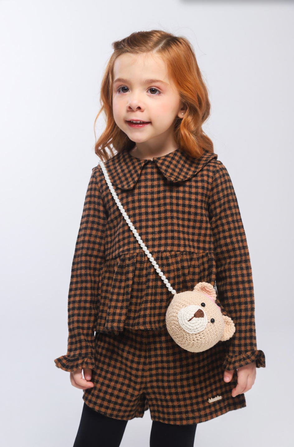 Conjunto Infantil Alfaiataria Casaquinho e Shorts Xadrez com Bolsinha Ursinho - Luluzinha
