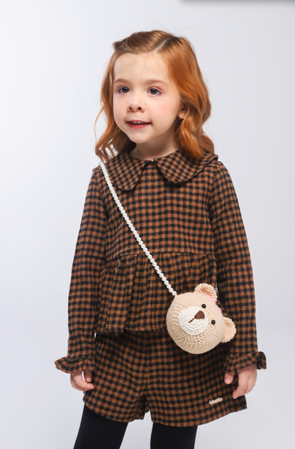 Conjunto Infantil Alfaiataria Casaquinho e Shorts Xadrez com Bolsinha Ursinho - Luluzinha
