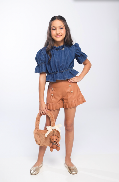 Conjunto Infantil Blusa Jeans Peplum e Shorts Couro Tech Botões - Luluzinha