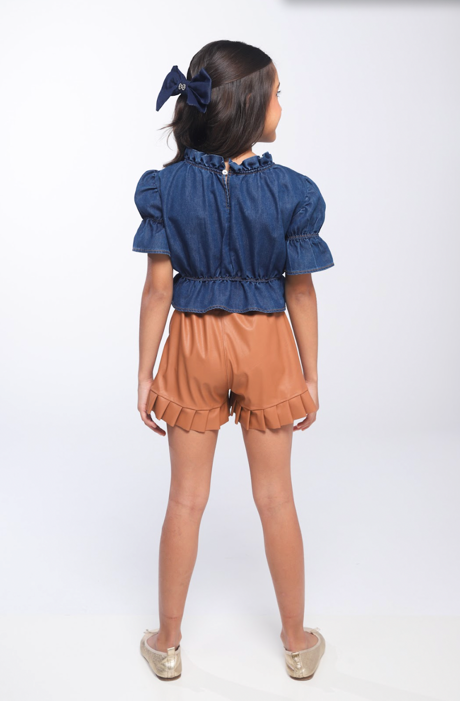 Conjunto Infantil Blusa Jeans Peplum e Shorts Couro Tech Botões - Luluzinha