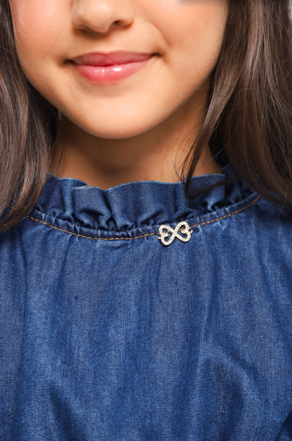 Conjunto Infantil Blusa Jeans Peplum e Shorts Couro Tech Botões - Luluzinha
