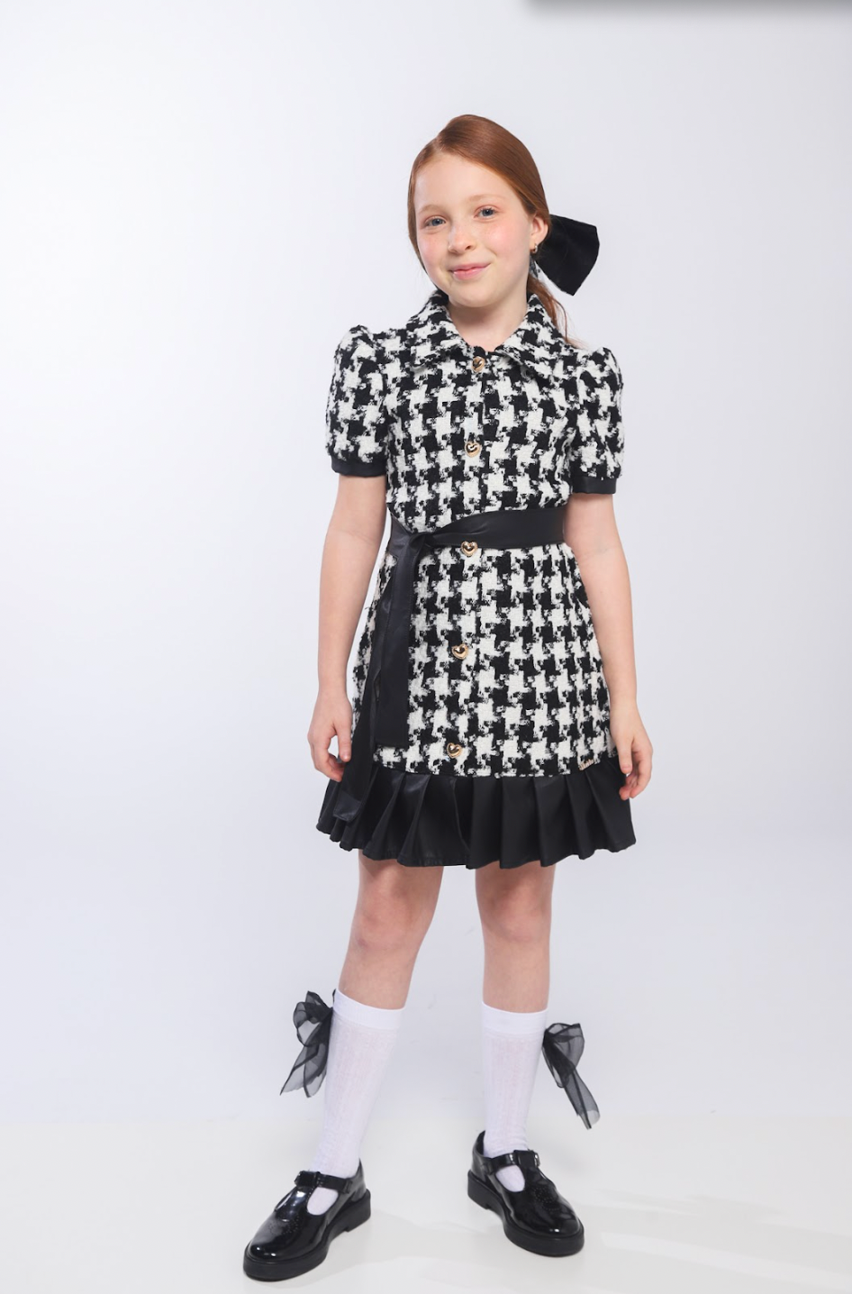 Vestido Infantil Clássico Tweed Detalhes Couro Tech com Faixa - Luluzinha