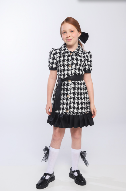Vestido Infantil Clássico Tweed Detalhes Couro Tech com Faixa - Luluzinha