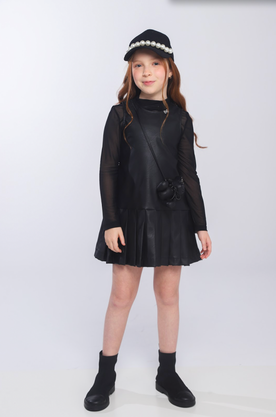 Vestido Infantil Trapézio Couro Tech com Bolsa Ursinho - Luluzinha