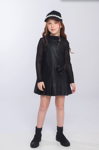 Vestido Infantil Trapézio Couro Tech com Bolsa Ursinho - Luluzinha