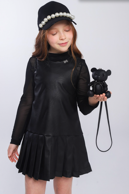 Vestido Infantil Trapézio Couro Tech com Bolsa Ursinho - Luluzinha