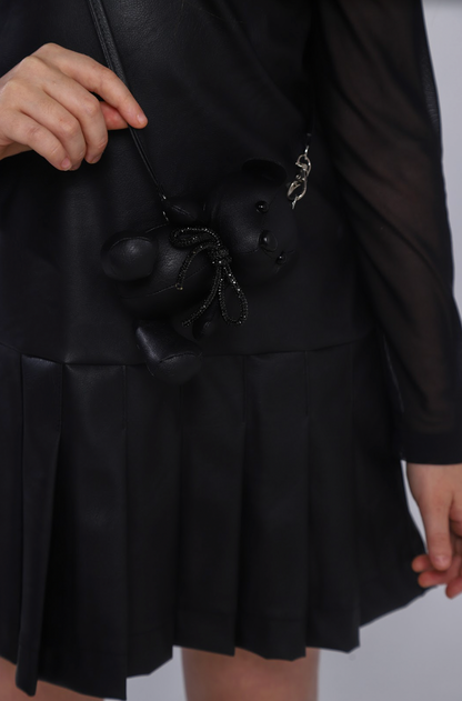 Vestido Infantil Trapézio Couro Tech com Bolsa Ursinho - Luluzinha