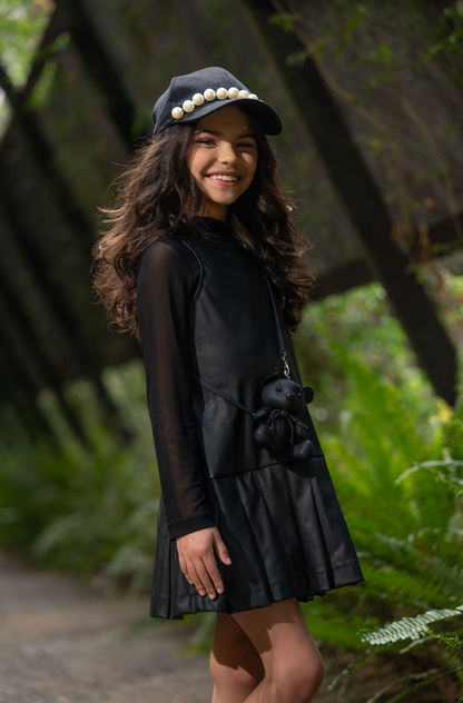 Vestido Infantil Trapézio Couro Tech com Bolsa Ursinho - Luluzinha