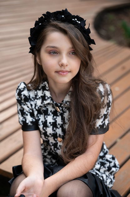 Vestido Infantil Clássico Tweed Detalhes Couro Tech com Faixa - Luluzinha