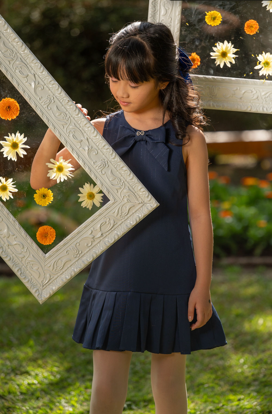 Vestido Infantil Trapézio Alfaiataria Risca de Giz Marinho - Luluzinha