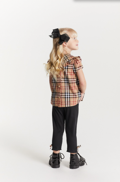 Conjunto Baby Algodão Bata Xadrez e Legging Preta - Um Mais Um