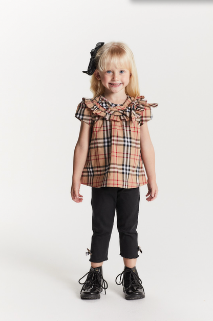 Conjunto Baby Algodão Bata Xadrez e Legging Preta - Um Mais Um