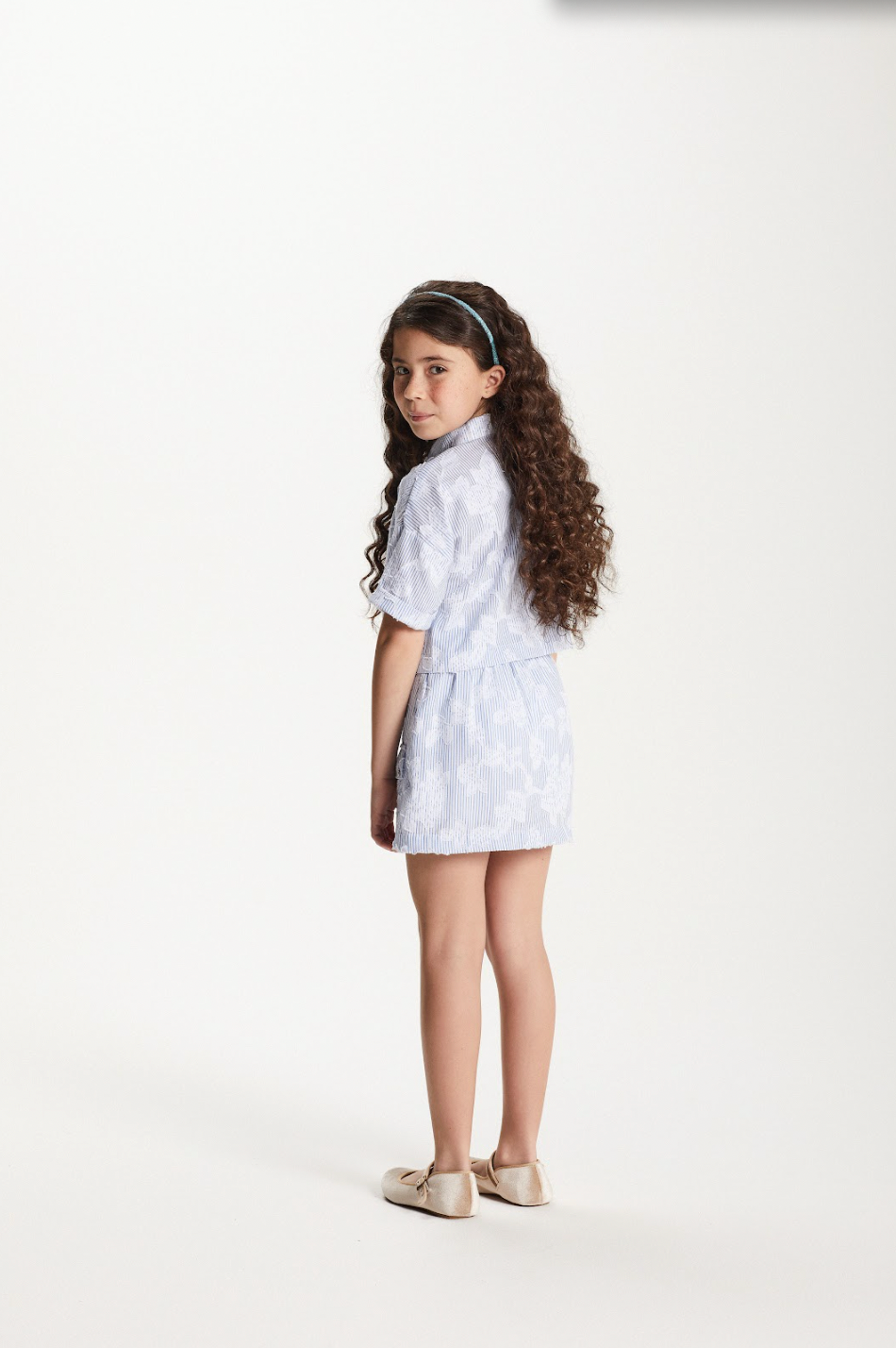 Conjunto Infantil Tricoline Camisa e Saia Short Azul Claro - Um Mais Um