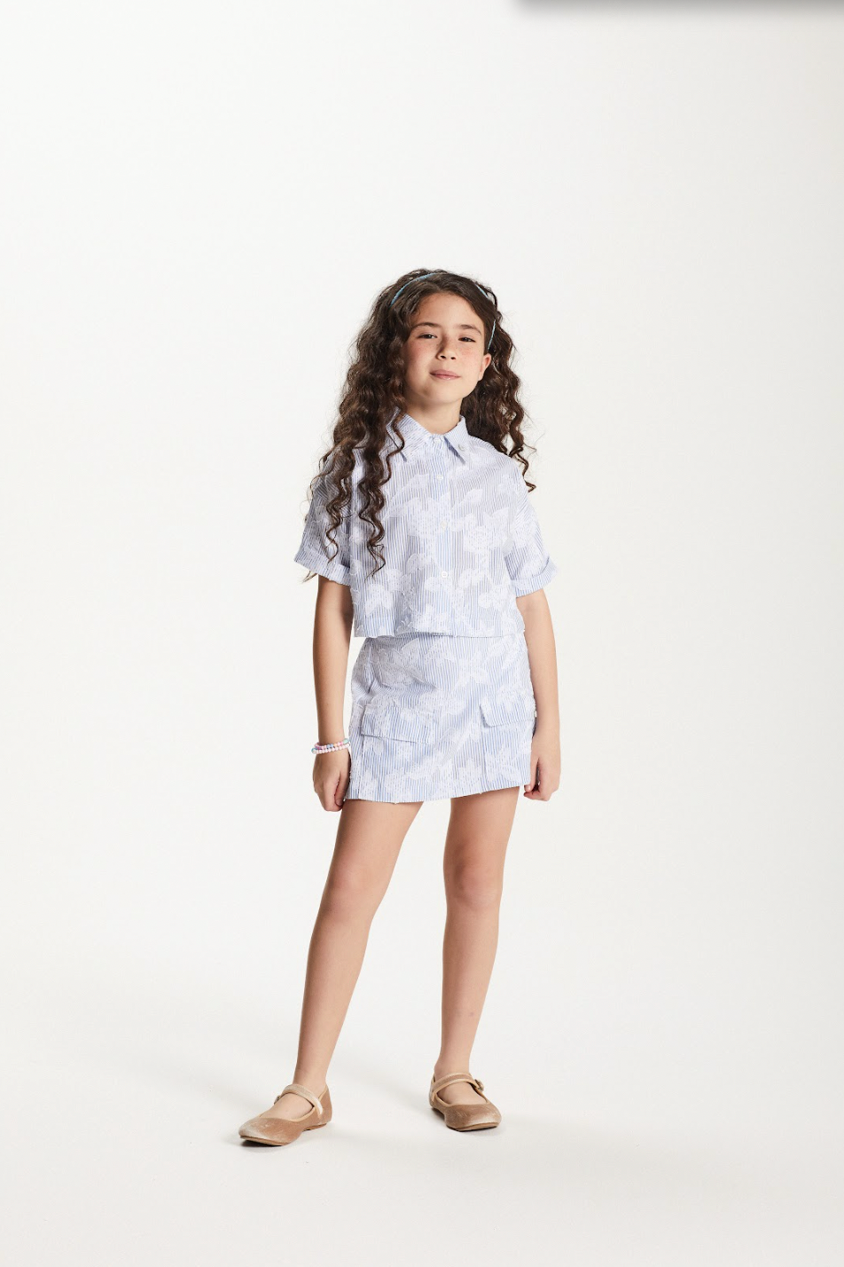 Conjunto Infantil Tricoline Camisa e Saia Short Azul Claro - Um Mais Um