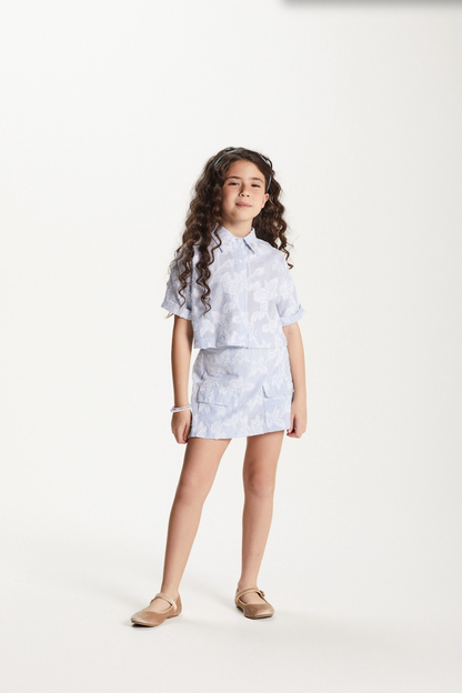 Conjunto Infantil Tricoline Camisa e Saia Short Azul Claro - Um Mais Um