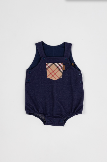 Romper Bebê Moletinho Fofinho Bolso Xadrez Marinho - Um Mais Um