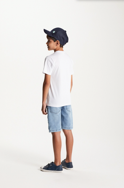 Camiseta Infantil Meia Malha Penteada com Bolso Branca - Um Mais Um