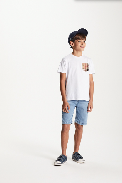 Camiseta Infantil Meia Malha Penteada com Bolso Branca - Um Mais Um