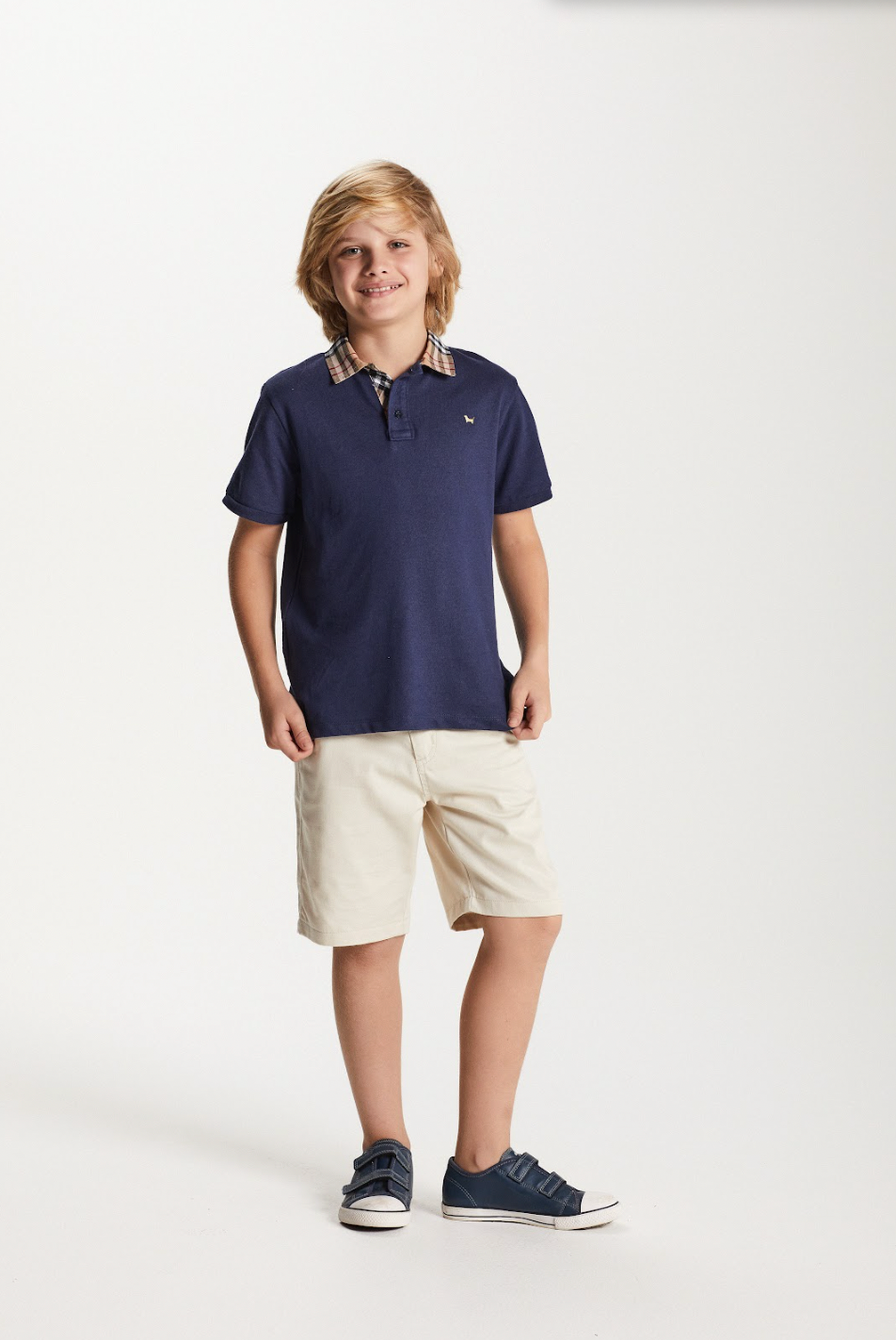 Polo Infantil Piquet Gola Tricoline Xadrez Marinho - Um Mais Um