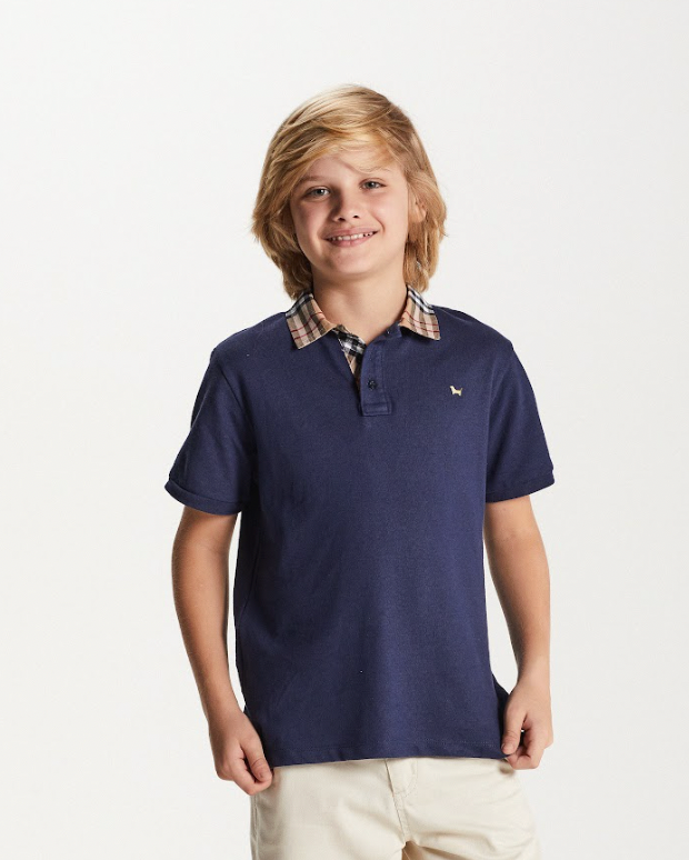 Polo Infantil Piquet Gola Tricoline Xadrez Marinho - Um Mais Um