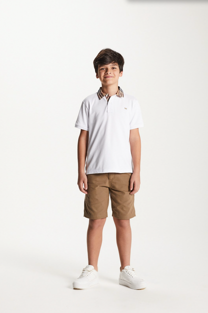Polo Infantil Piquet Gola Tricoline Xadrez Branca - Um Mais Um