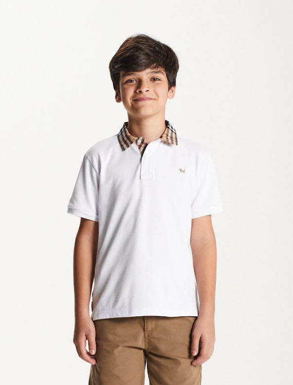 Polo Infantil Piquet Gola Tricoline Xadrez Branca - Um Mais Um