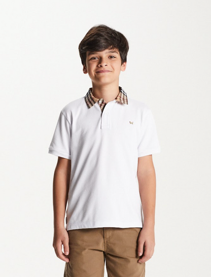 Polo Infantil Piquet Gola Tricoline Xadrez Branca - Um Mais Um