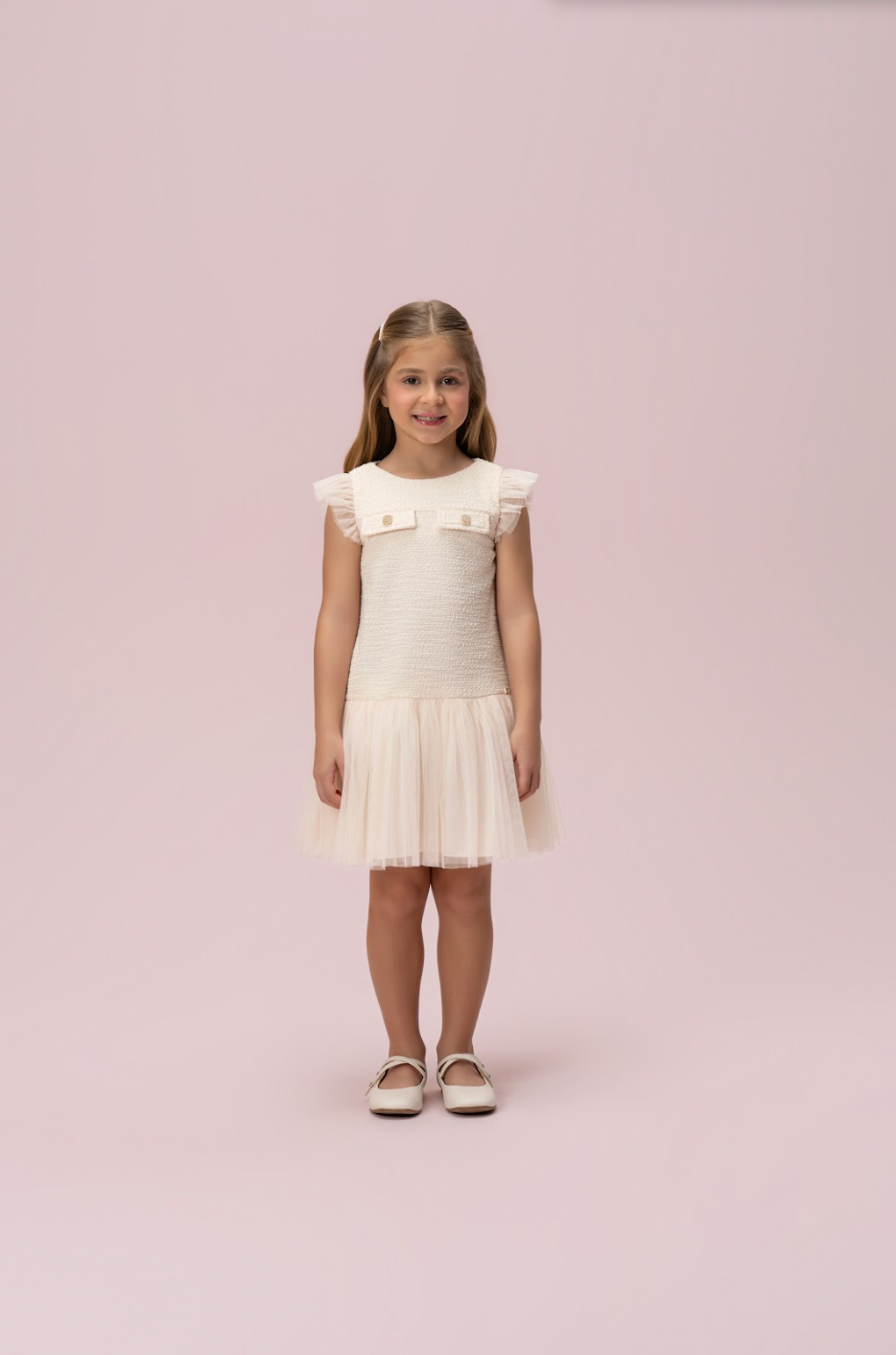 Vestido Infantil Tweed com Botão Joia e Tule - Petit Cherie