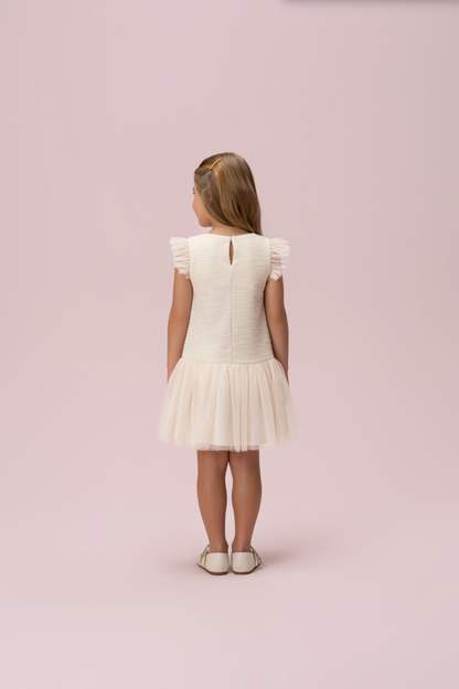 Vestido Infantil Tweed com Botão Joia e Tule - Petit Cherie