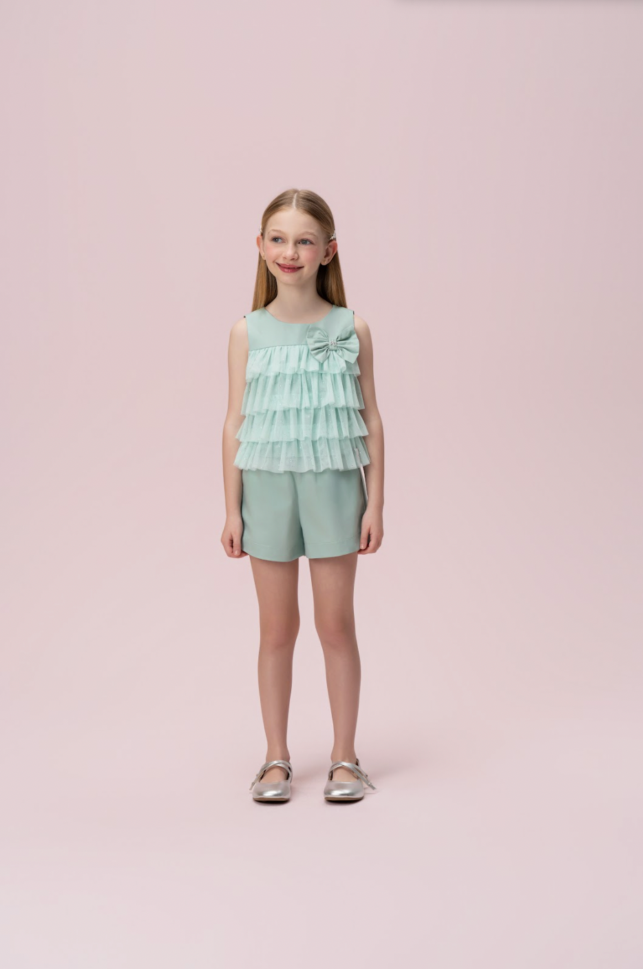 Conjunto Infantil Tricoline Blusa com Tule e Shorts - Petit Cherie