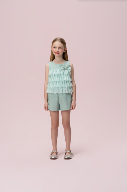 Conjunto Infantil Tricoline Blusa com Tule e Shorts - Petit Cherie