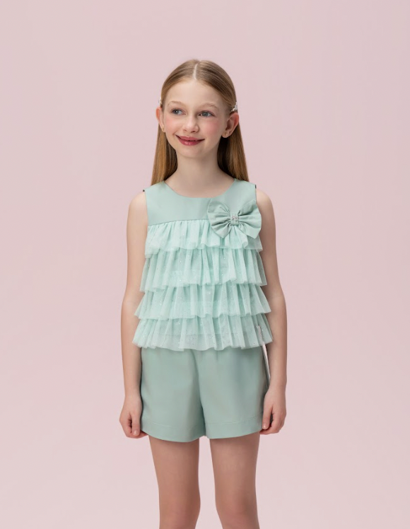 Conjunto Infantil Tricoline Blusa com Tule e Shorts - Petit Cherie