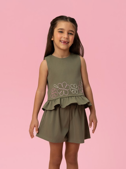 Conjunto Infantil Blusa Bordada e Shorts em Sarja - Mon Sucre