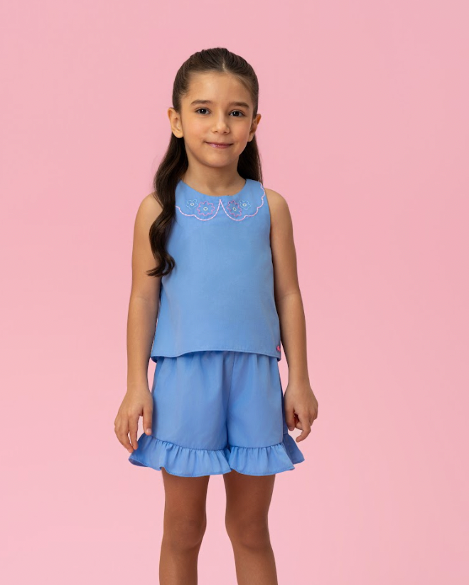 Conjunto Infantil Blusa Bordada Tricoline e Shorts Azul - Mon Sucre