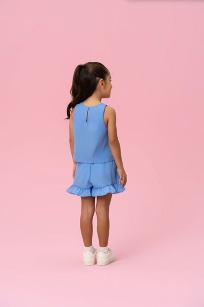 Conjunto Infantil Blusa Bordada Tricoline e Shorts Azul - Mon Sucre