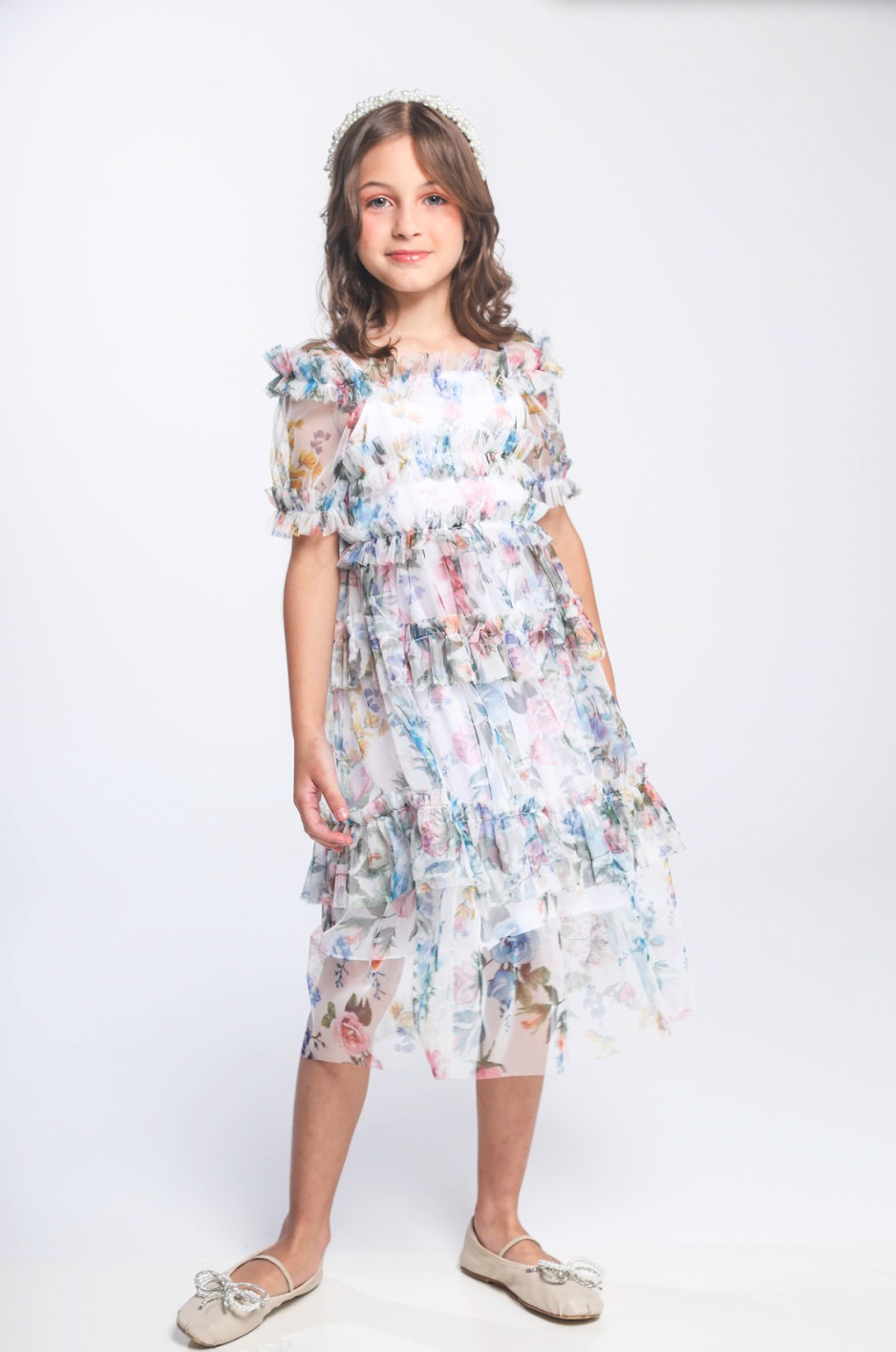 Vestido Infantil Midi Tule Floral com Babados - Luluzinha PRÉ-VENDA