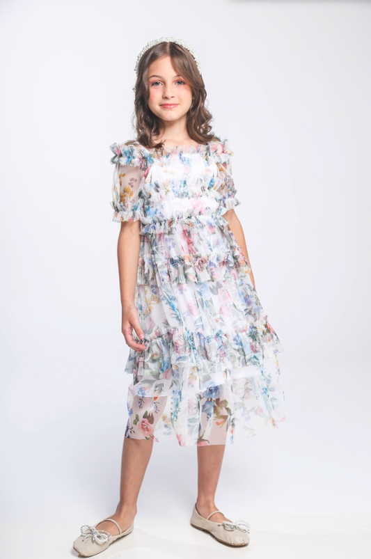 Vestido Infantil Midi Tule Floral com Babados - Luluzinha