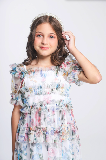 Vestido Infantil Midi Tule Floral com Babados - Luluzinha PRÉ-VENDA