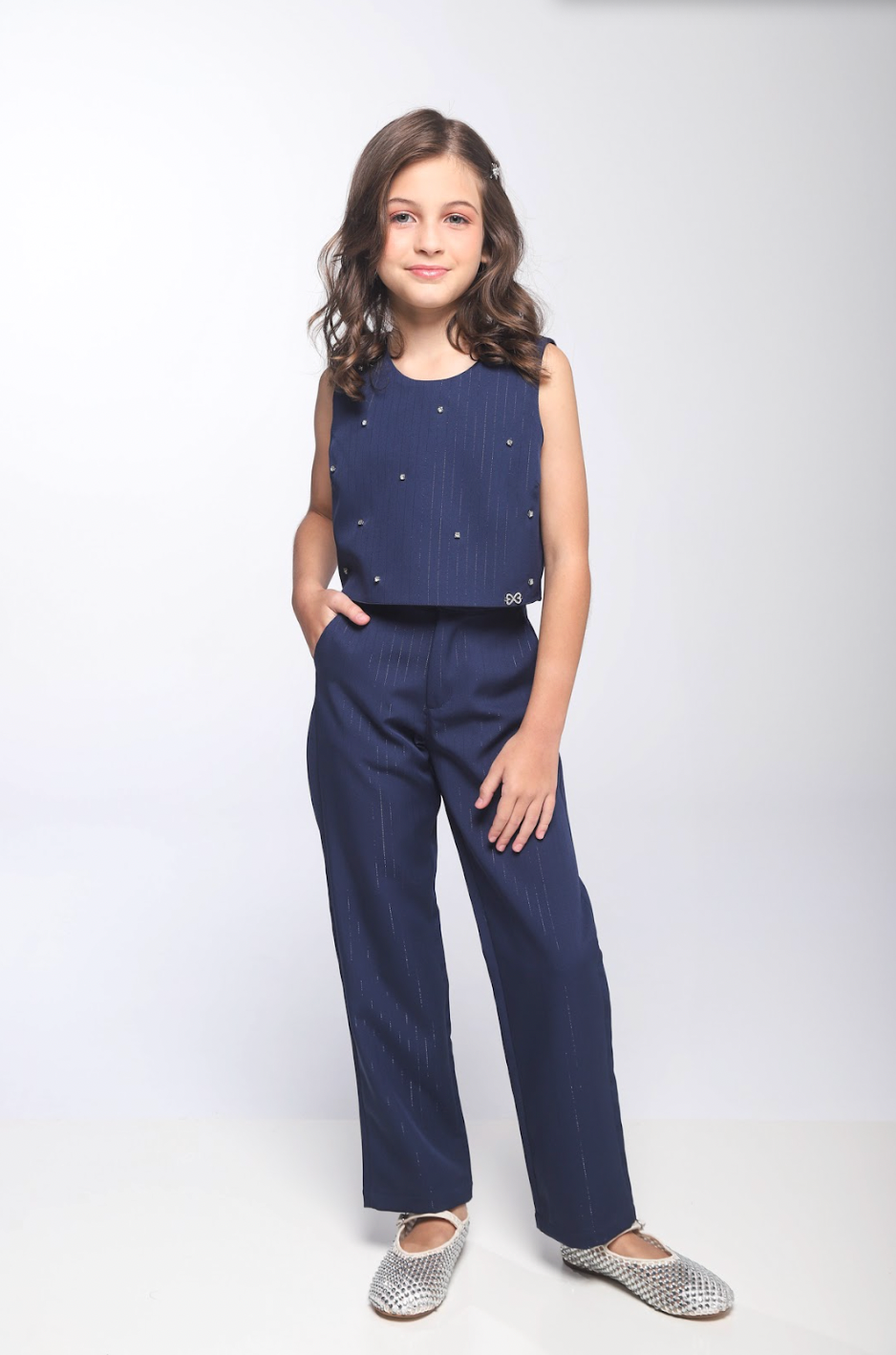 Conjunto Infantil Alfaiataria Blusa com Strass e Calça Risca de Giz - Luluzinha